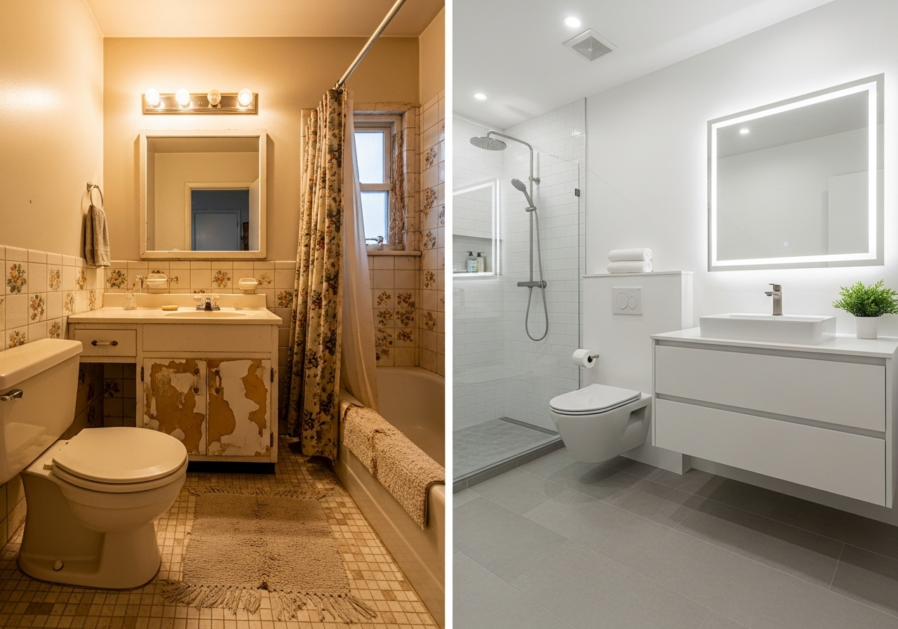 Before and after bathroom remodel transformation from 1980s to modern 2025 design