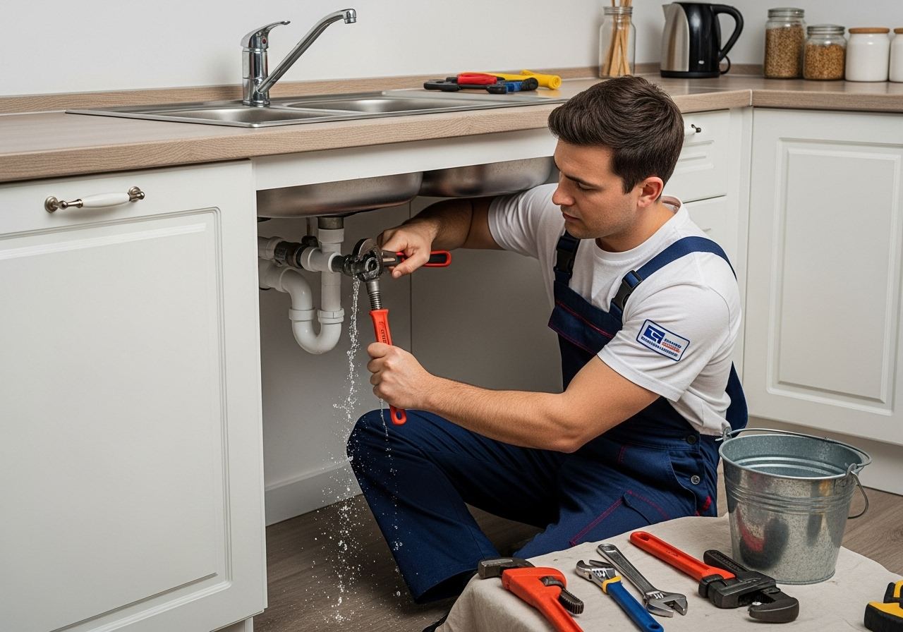 Professional plumber repairing pipe leak
