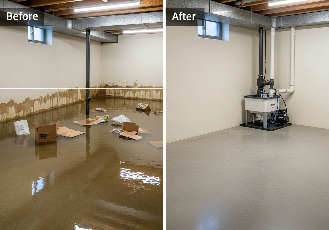 Before and after sump pump installation showing flood protection